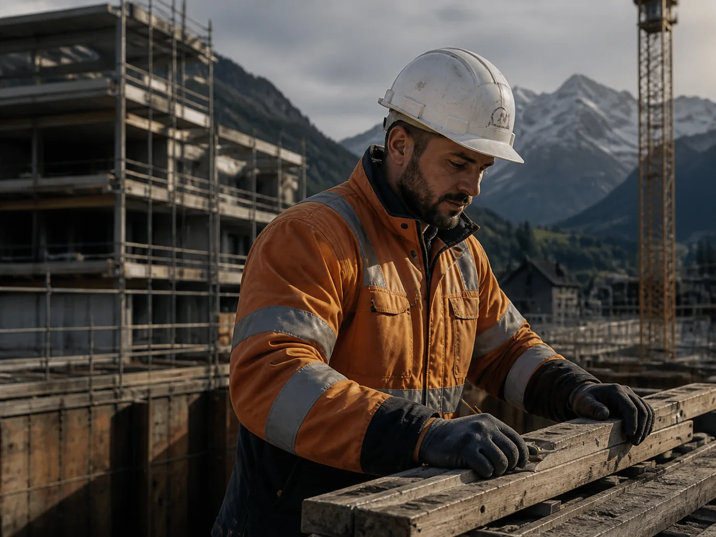 Construction worker preparing timber formwork on an Alpine building site